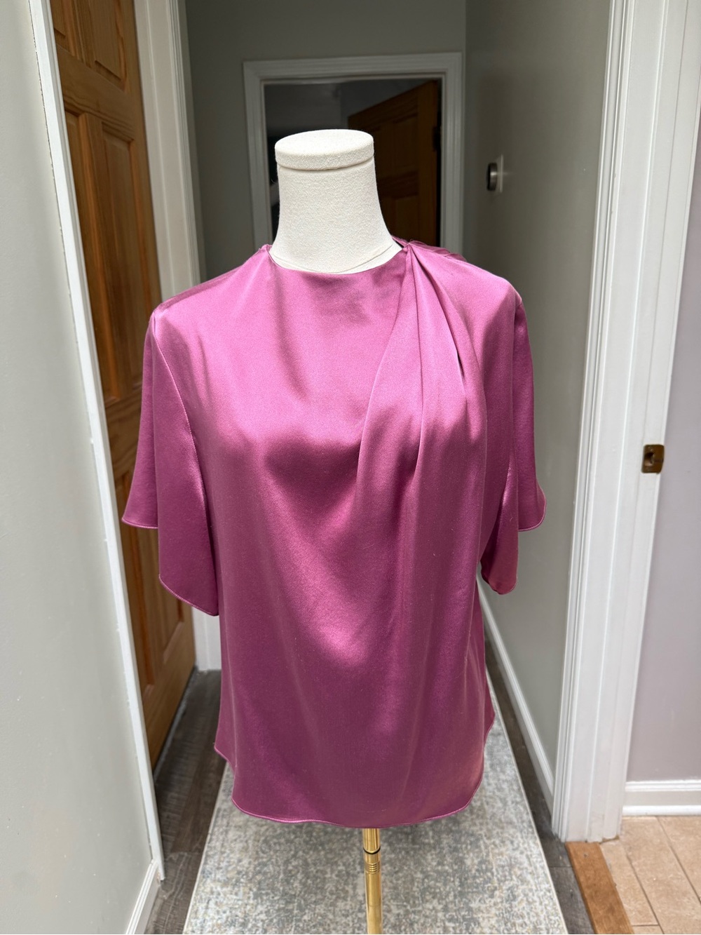 Vince Silk Flutter-Sleeve Draped-Neck Blouse in  a vibrant Camilla color